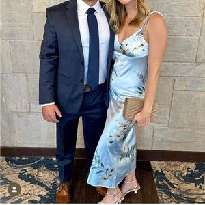 Blue and White Floral Midi Dress with Tie Shoulder Detail